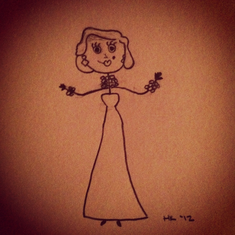 Pencil stickfigure-esque drawing of Marilyn Monroe in Gentlemen Prefer Blondes, Doamonds are a Girl's Best Friend sequence